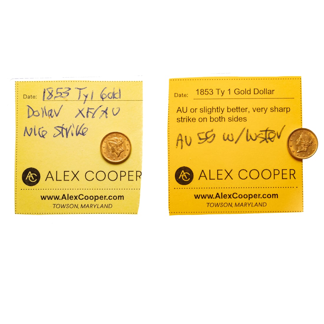 A Nice Pair of 1853 Ty 1 Gold Dollars: #1 - AU55 with luster and sharp strike; #2 XF/AU, probably full AU, also nice strike