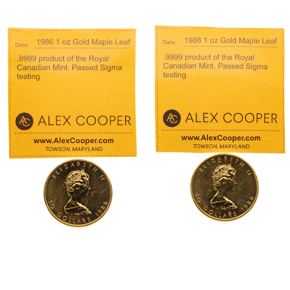 A Pair of 1986 Canadian 1 Oz .9999 Gold Maple Leafs: Two .ounces of .9999 gold