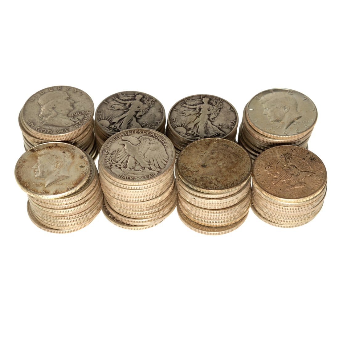 92 US Half Dollars Walkers, Franklins, '64 JFK: $46 face, nice mix of Walkers, Franklins and JFK Approx 32.89 t oz silver