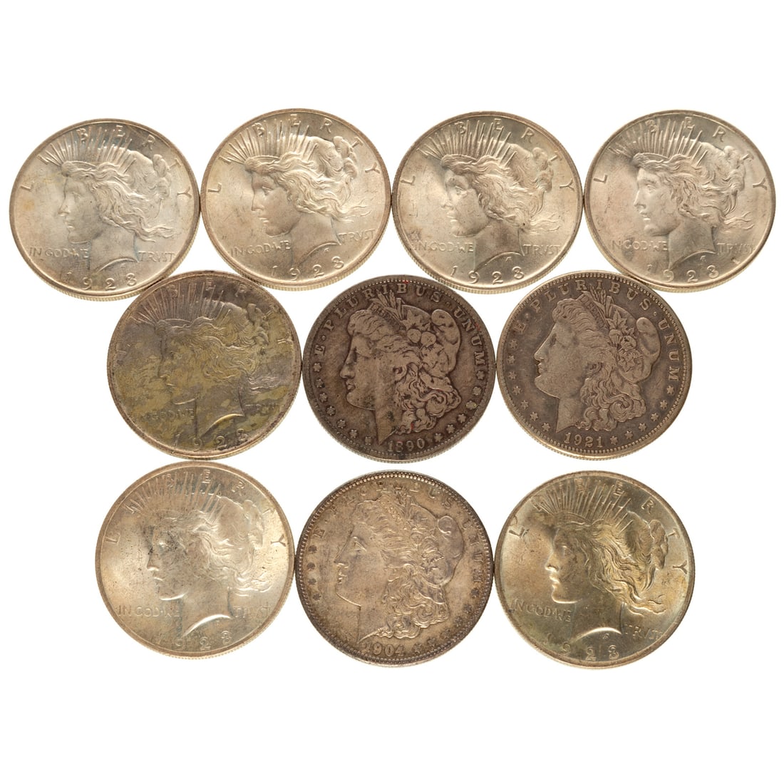10 U.S. Silver Dollars: 1890-O VG/F, 1904-O XF, 1921 VF Morgan, 1923 Unc, 4-1923 AU, 1923 VF (rim dings), 1923 XF45