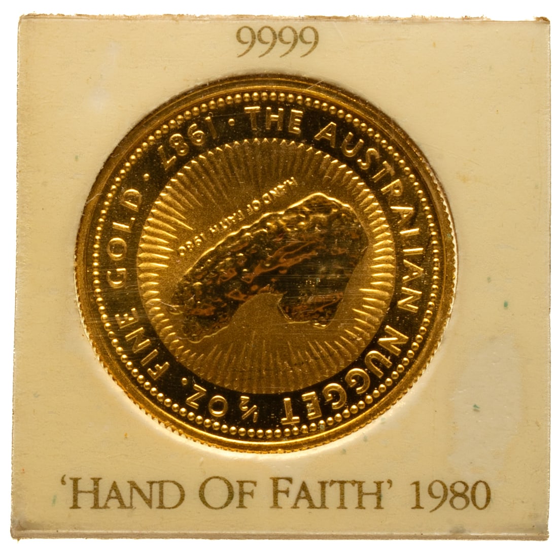 1987 Australian Gold Nugget Series, 1/2 Oz. .9999: The gold nugget featured on this coin was called "Hand of Faith" and was discovered in 1980. Comes in the original Australian glossy cardboard holder