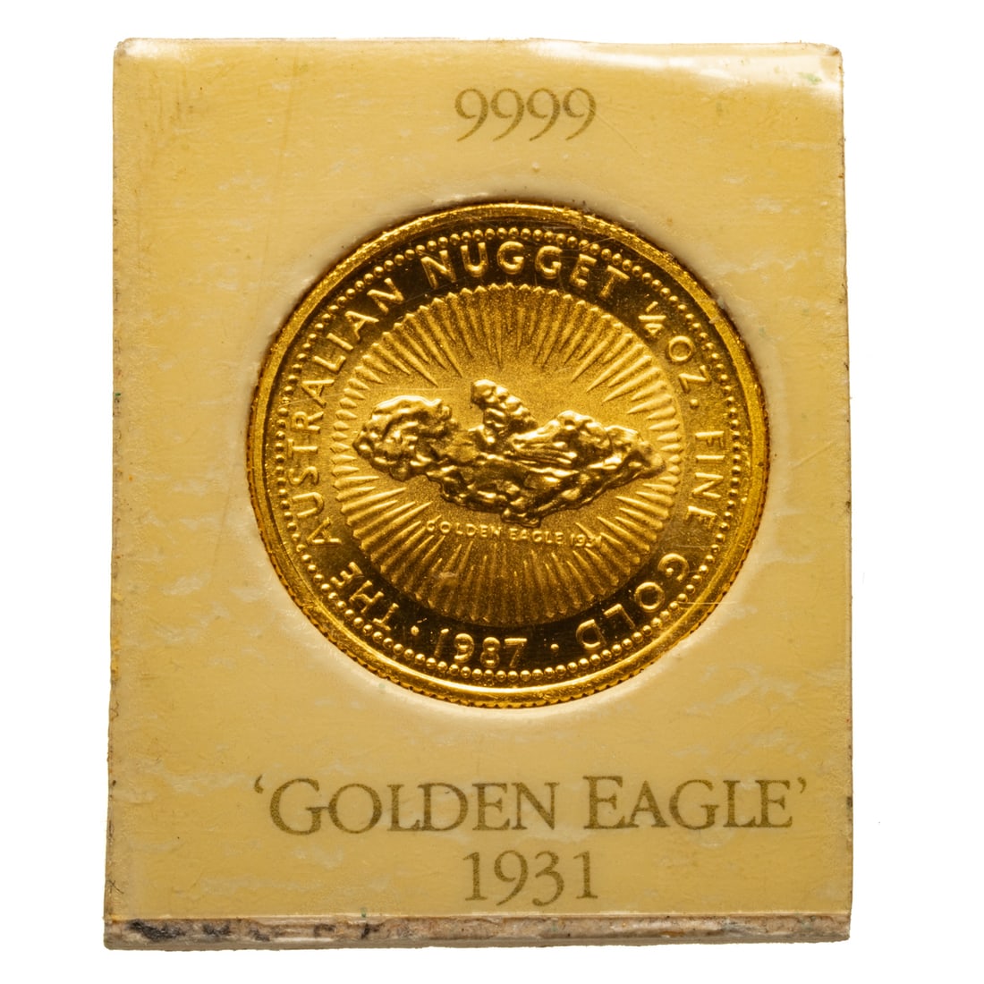 1987 1/4 Oz Australian Gold Nugget Series .9999: Gold Nugget series 1/4 oz .9999 fine. This coin features the "Golden Eagle" discovered in 1931