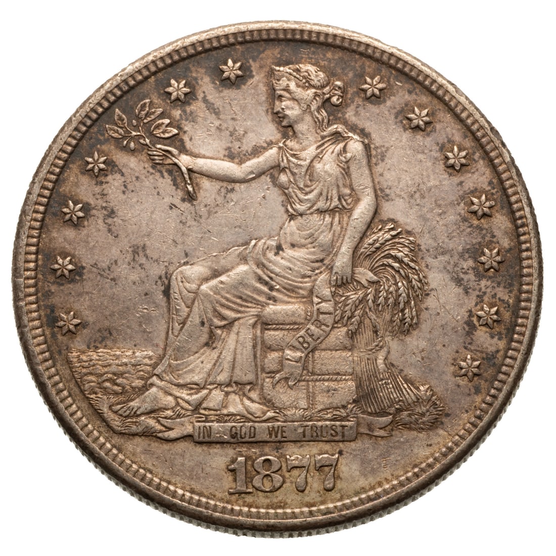 1877 Trade Dollar XF to XF45: 1877 Trade Dollar, XF obverse XF45 Reverse, with semi-reflective surfaces on the obverse