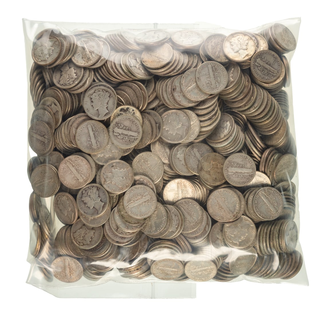 1000 Silver Mercury Dimes - $100 Face: Machine counted with an extra one tossed in. This was a mixture that was started with a bag put away in the early 50s and features a lot of early dates. Approx. 71.5 ounces of silver