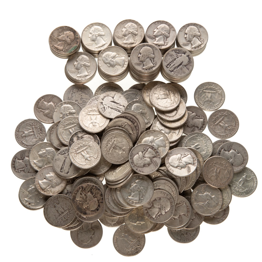 400 Silver Quarters - $50 Face: Mainly Washington, but the larger mix had some Barbers and SLQ's - Machine counted and approx. 35.75 troy oz silver