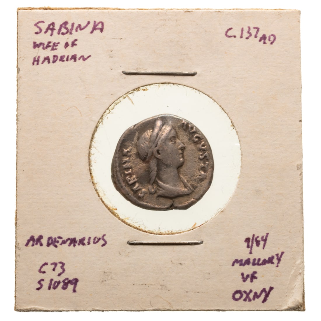 Roman Women; Sabina - Wife of Hadrian AR Denarius: Sabina, Wife of Hadrian on an AR Denarius C.137 AD Obverse: Bust of Sabina, diademed, wearing stephane with hair in queue, draped, right; legend around, SABINA-AVGVSTA Rev - Reverse: Venus standing