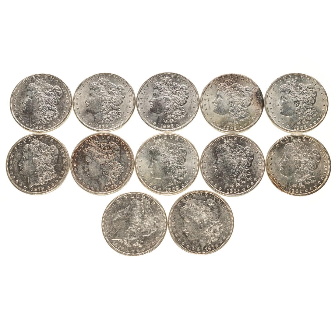 A Dozen Morgan Dollars XF-Choice AU: 1878 7TF XF, 1878-S AU semi P-L surfaces, 1879 XF45, 1879 Choice AU, 1885 XF, 1886 Ch AU, 1889 XF45+, 1898 AU semi P-L Surfaces, 1901-O AU, 1902-O AU, 2-1902-O AU with splotches of dark toning