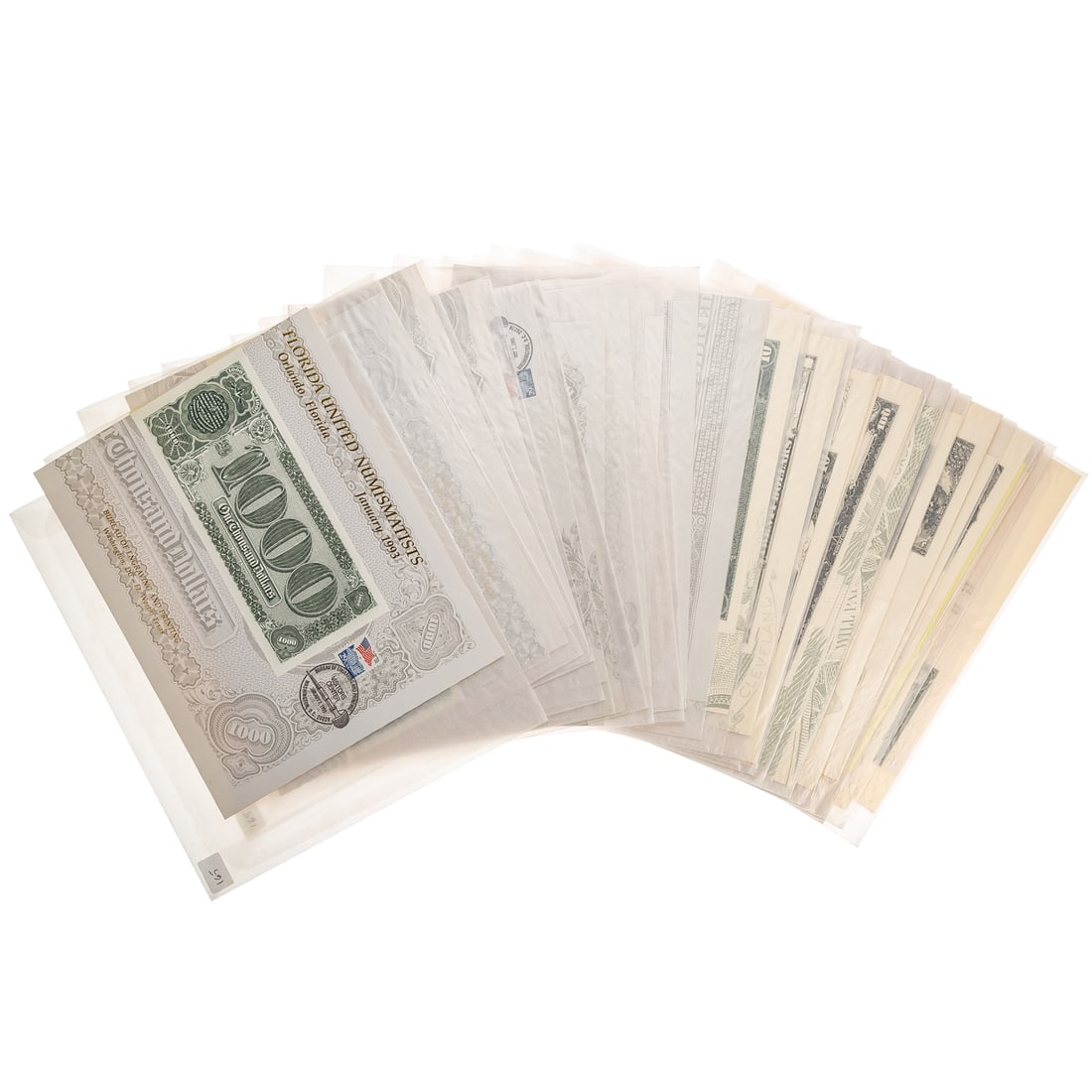 15 Sets BEP Cards & Currency Sets 1993-1995: These are BEP Intaglio printed from the original steel engraved dies onto cream colored card stock. There are 15 sets with 30 total cards, one show cancelled and one mint. This group is interesting