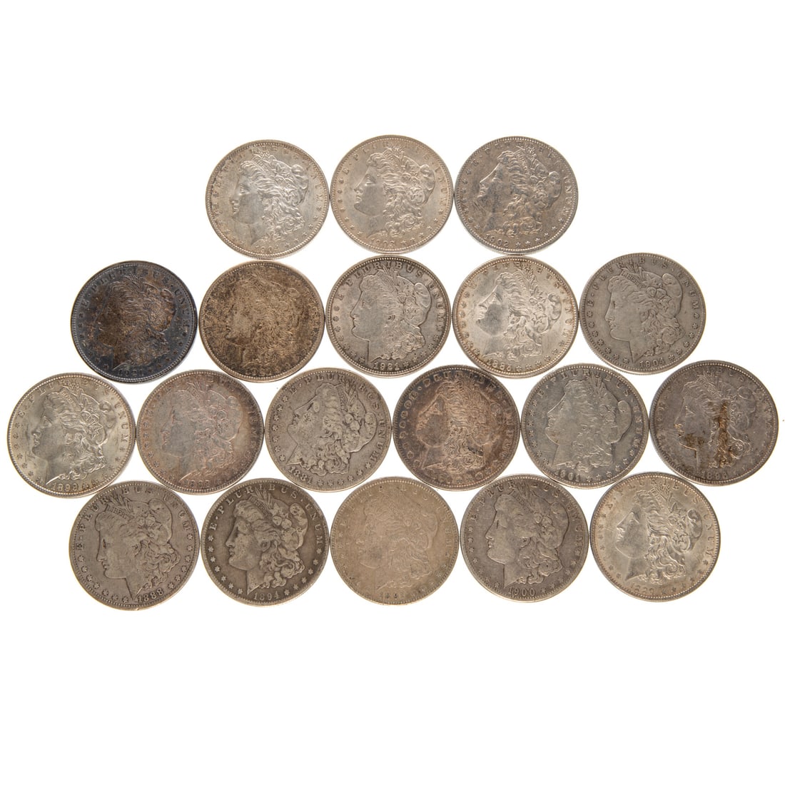 19 Different Morgan Silver Dollars: 1880 XF (toned), 1881 F, 1882 F, 1885 XF45 (w/luster), 1888 F, 1889 Xf45 (w/luster), 1891 F, 1894-O VG, 1896 XF, 1899-O AU, 1900-O VG/F, 1901-O F Cleaned, 1902-O F, 1903 XF, 1904-O Xf45, 1904-S F/VF, 