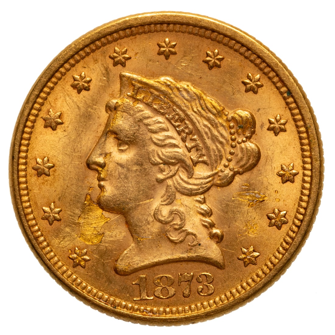1878 $2.50 Gold Quarter Eagle AU55 Details: Nice details, Appears to be a planchet flake in front and beneath her mouth with possible attempt to remove it. Hard to see with naked eye but stands out with a loupe