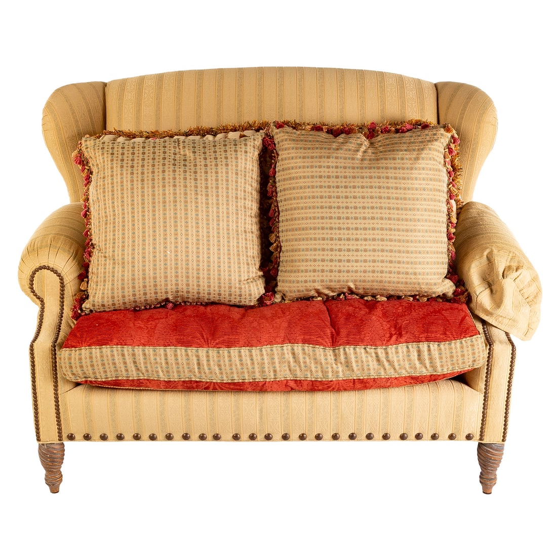 E.J. Victor Custom Upholstered Loveseat: Carol Hicks Bolton and E.J. Victor loveseat, fully upholstered back arms and side with hobnail embellishments ending in turned feet, 39 in. H, 56 in. W, 36 in. D