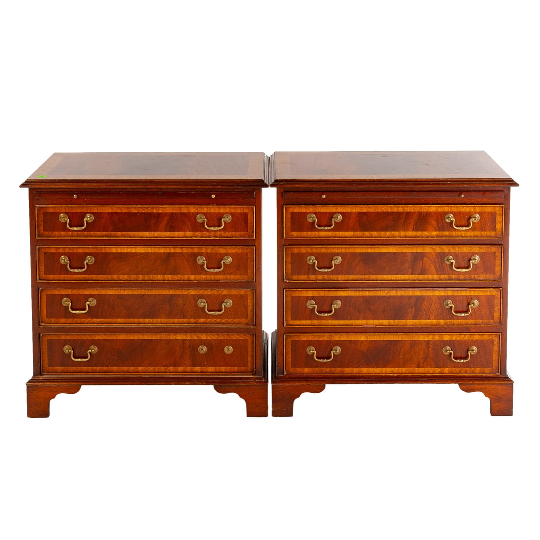 A Pair of Federal Style Mahogany Bachelors Chests: Pair of banded mahogany bachelors chests of drawers, molded edge tops over brush slides above four cockbeaded graduated drawers ending in bracket feet, each: 29 1/4 in. H, 29 1/2 in. W, 15 in. D