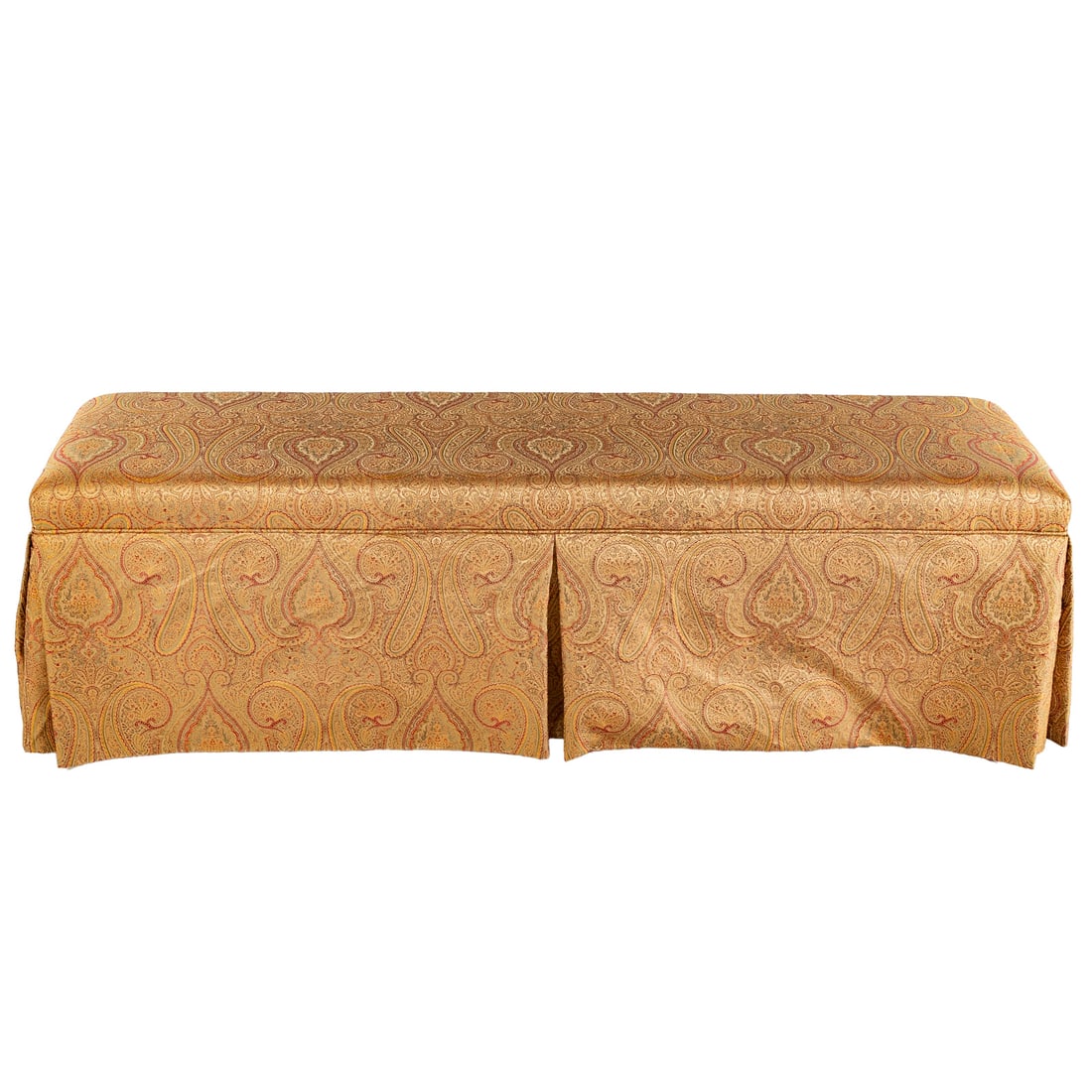 Chippendale Style Custom Upholstered Window Bench: Fully upholstered seat and skirt supported by Chippendale style mahogany legs, 18 1/2 in. H, 59 in. W, 17 1/2 in. D