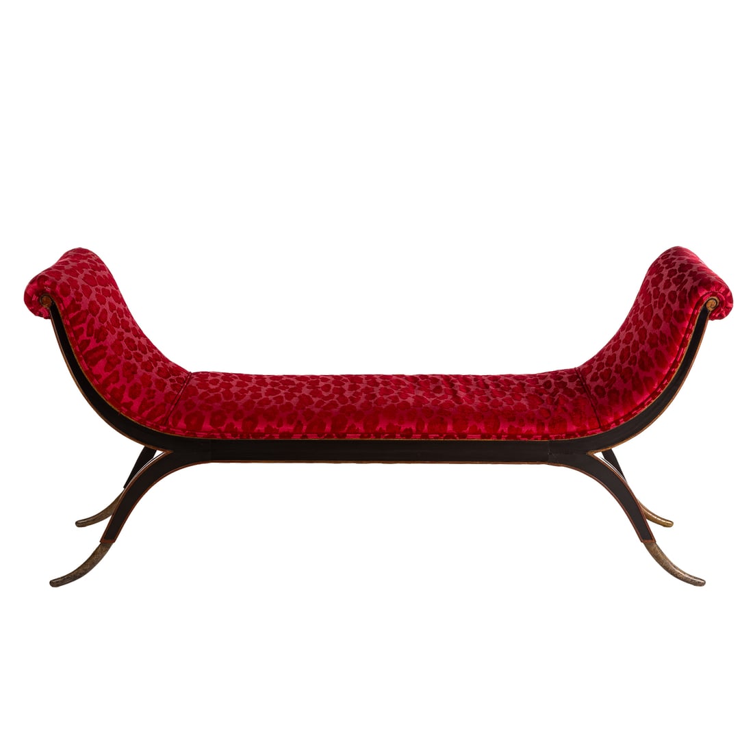 Regency Style Ebonized Window Bench: Upholstered seat on ebonized and partial gilt frame, 30 in. H, 64 in. W, 16 in. D