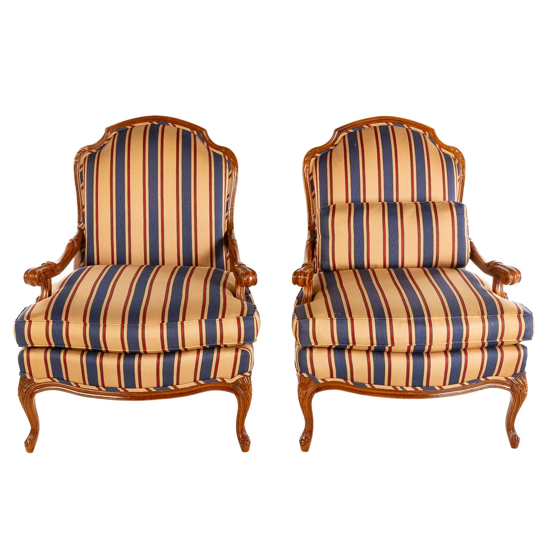 A Pair of Louis XV Style Chairs & Single Ottoman: A pair of carved fruitwood armchairs, upholstered backs and cushioned seats scroll form knuckles ending in carved cabriole legs, each: 38 1/2 in. H, 30 in. W, 25 1/2 in. D; together with a similar