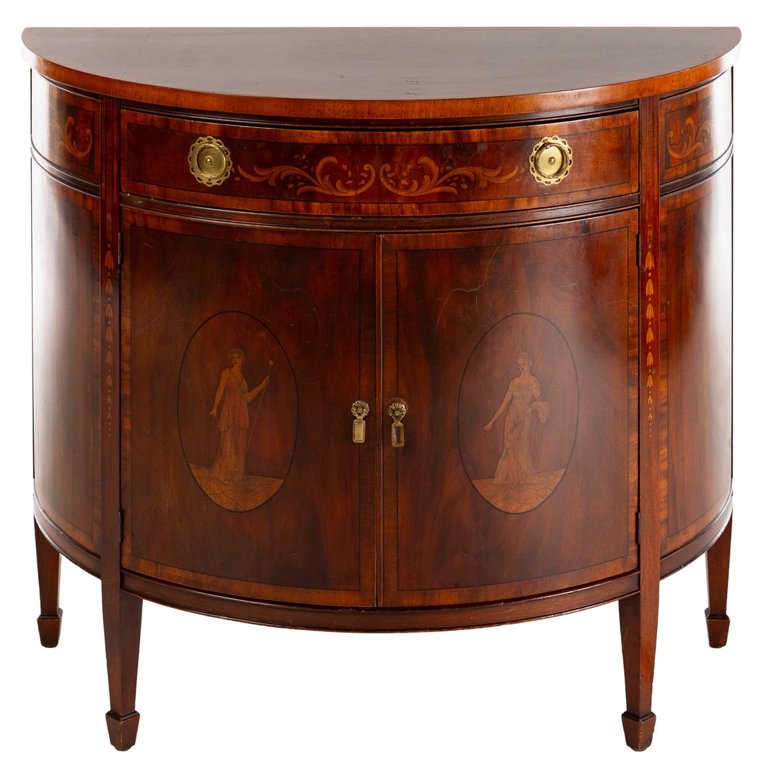 Halle Bros. Mahogany Inlaid Demilune Console: Banded demilune mahogany top over a marquetry inlaid one drawer two door cabinet resting on square tapered legs ending in spade feet, 33 1/4 in. H, 38 in. W, 19 in. D