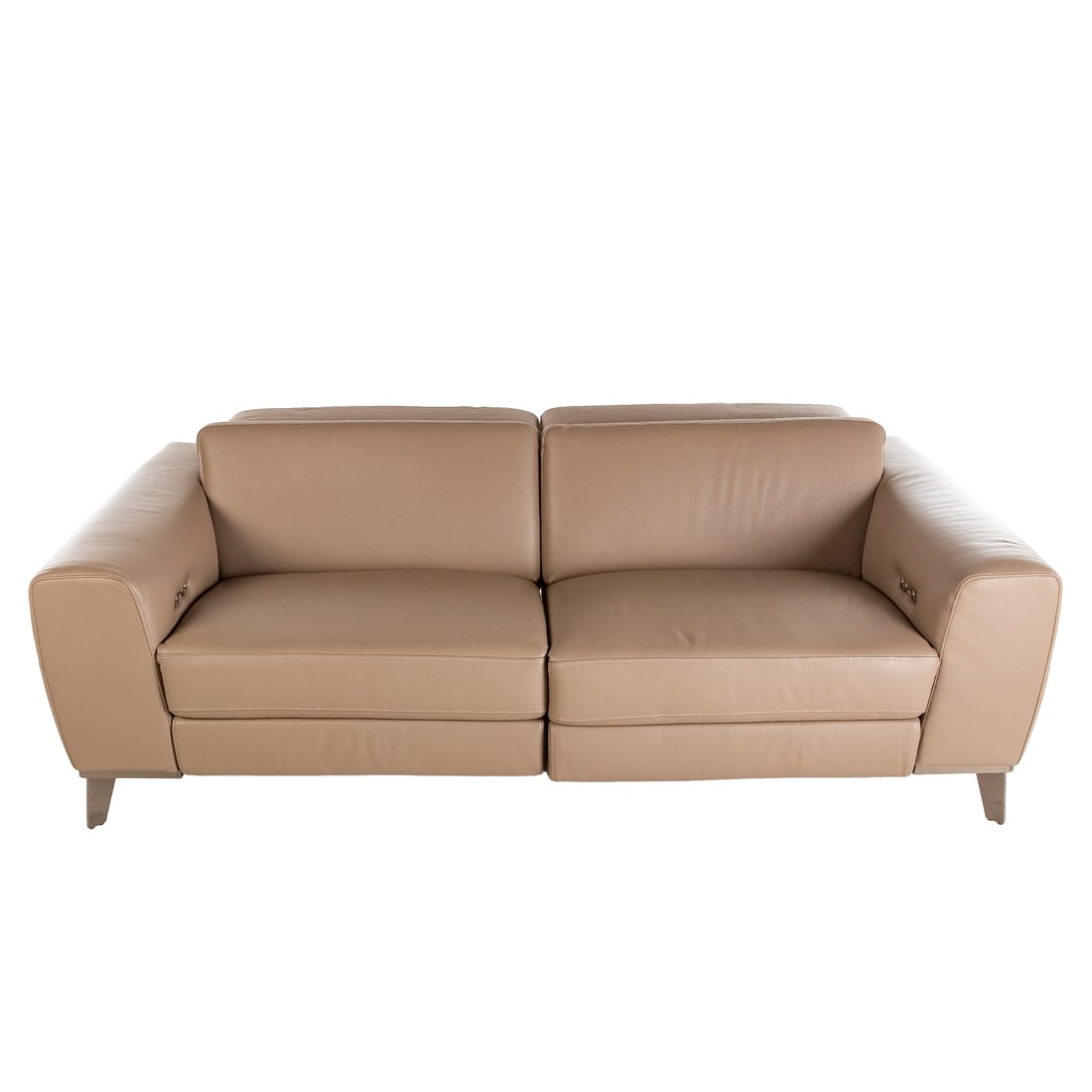 Roche Bobois Leather Power Reclining Sofa: Fully pebbled leather upholstered two-part sofa with chrome metal legs, 28 in. H, 80 in. W, 43 in. D