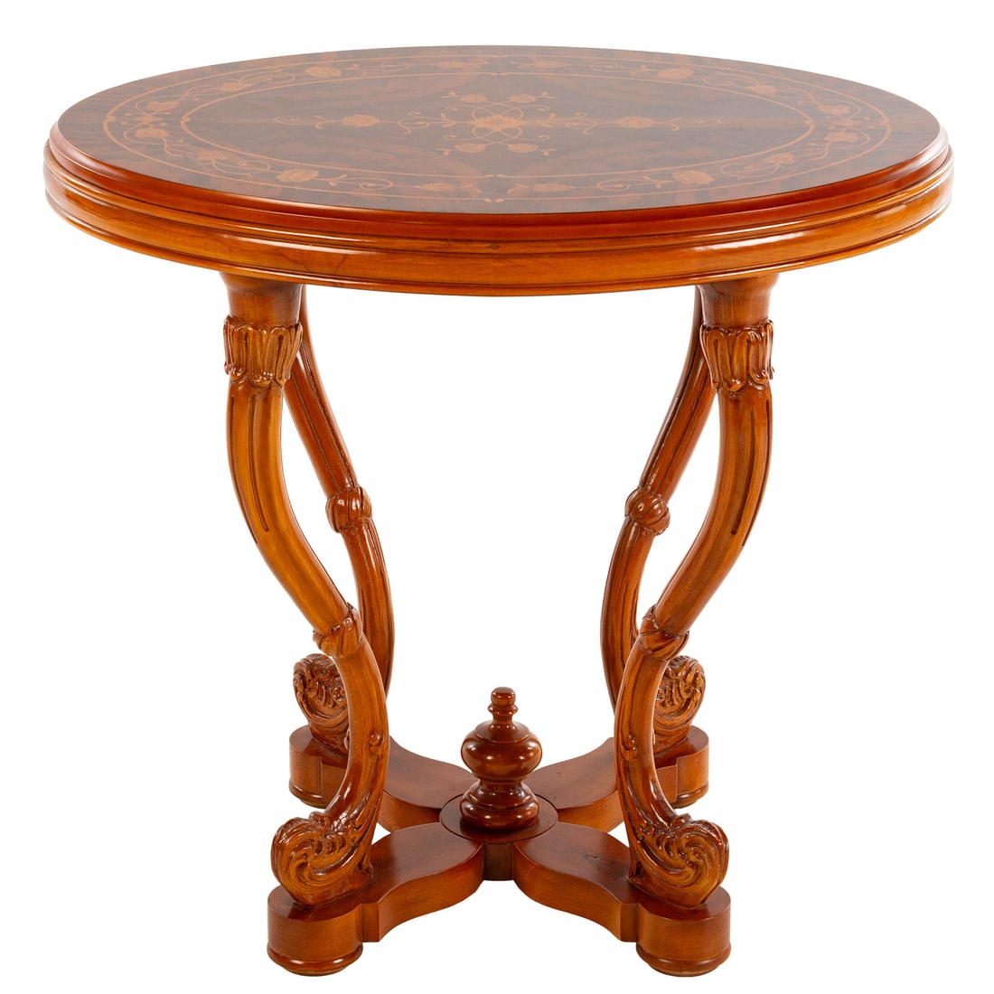 Louis XV Style Marquetry Inlaid Oval Lamp Table: Pieced marquetry top over four carved walnut curvelinear legs ending in a turned urn center base, 28 1/2 in. H, 30 1/2 in. W, 22 1/2 in. D