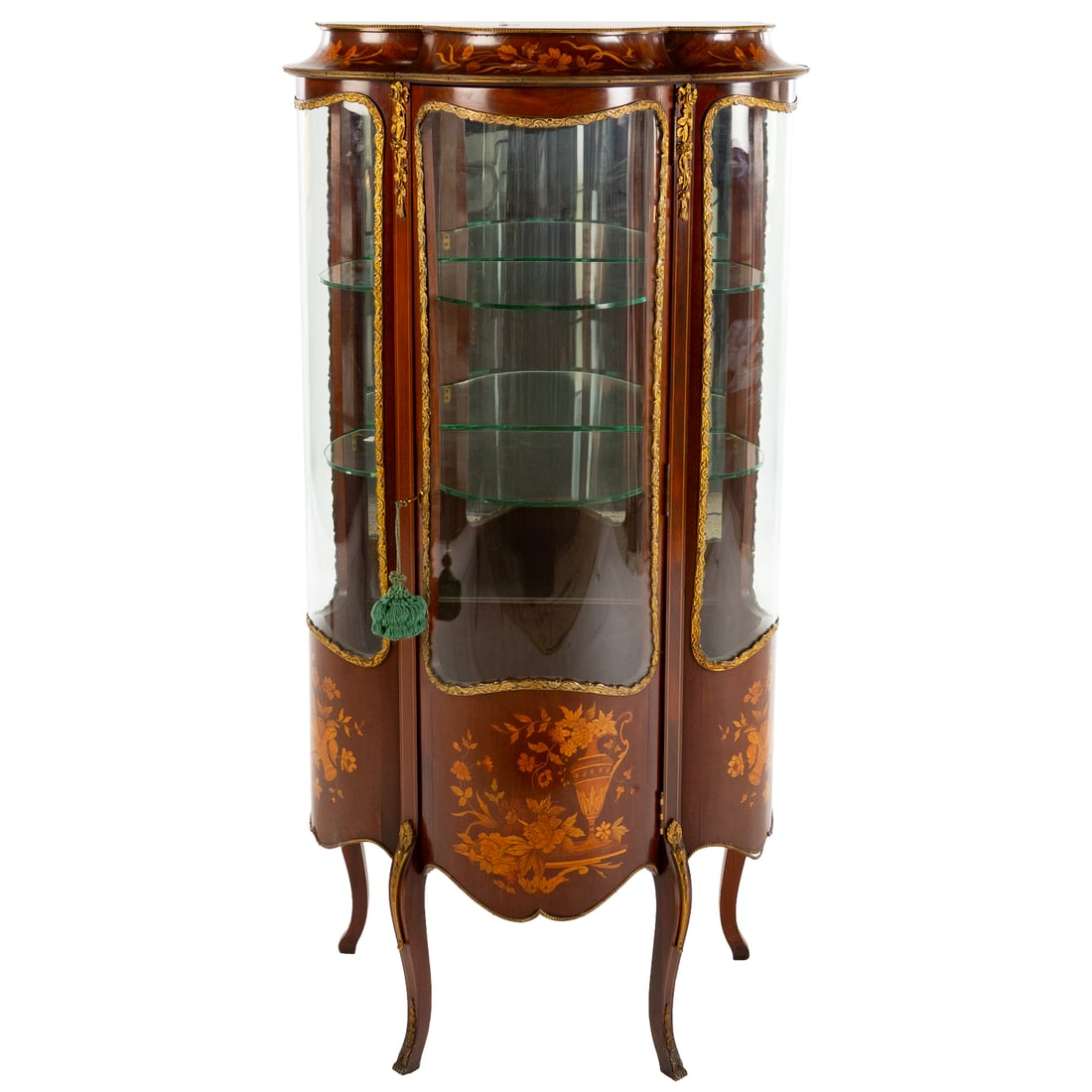 Louis XV Style Marquetry Inlaid Vitrine: Kingwood and tulipwood marquetry inlaid tri-lobe form glazed one door vitrine cabinet, 56 in. H, 21 in. W, 17 in. D