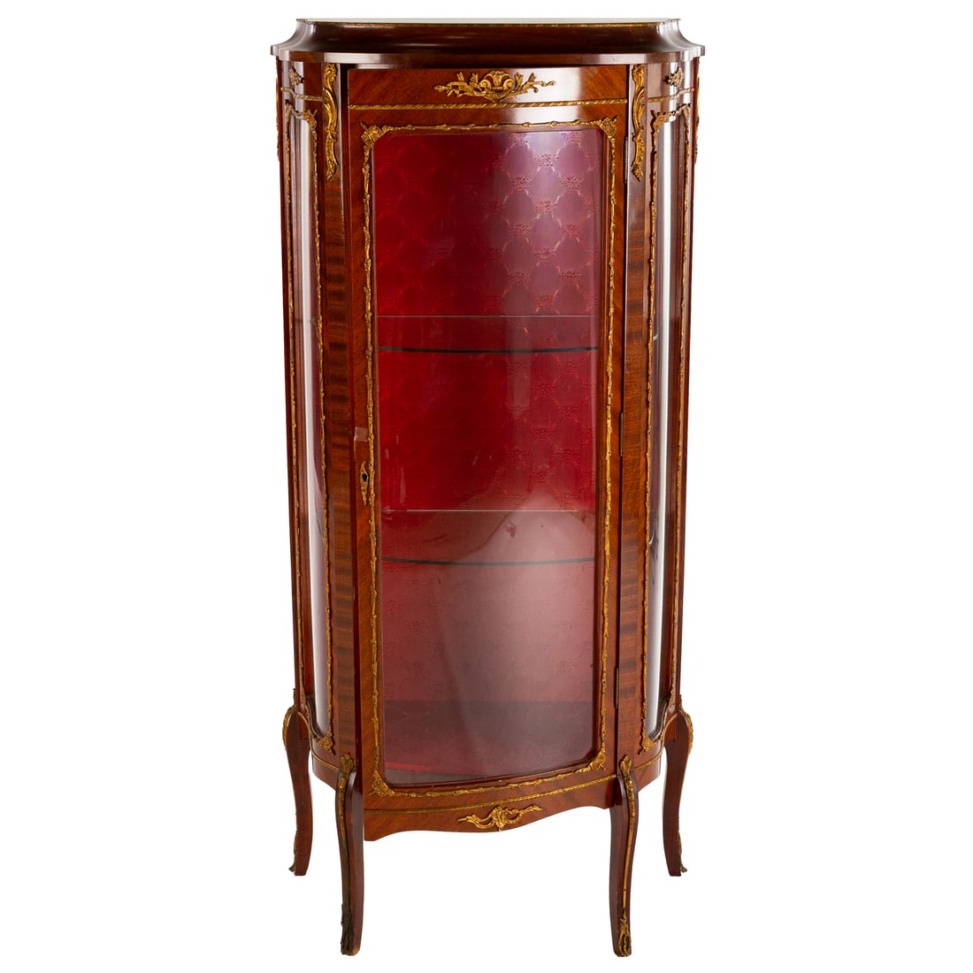 Louis XV Style Kingwood Ormolu Mounted Vitrine: Glazed one door vitrine cabinet with fabric interior, 56 in. H, 24 1/2 in. W, 14 in. D