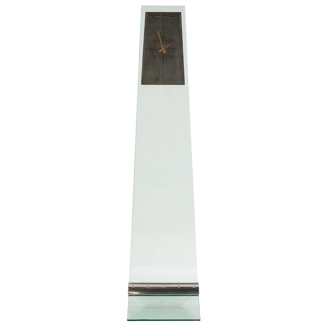 Contemporary Glass Clock: Two-part standing plate glass tall clock with mirrored glass face, 70 1/2 in. H, 17 in. W, 15 in. D