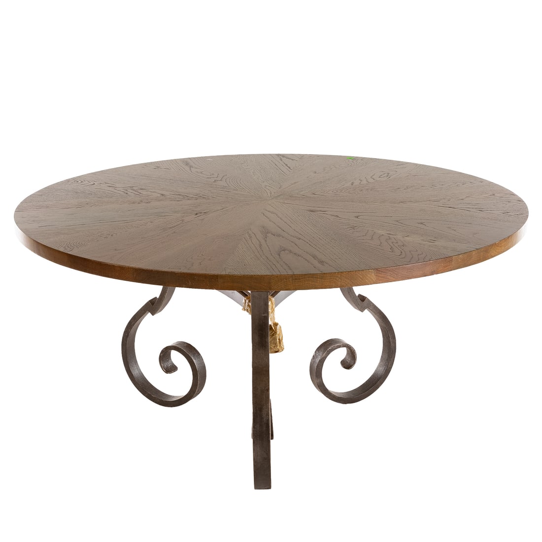 Contemporary Oak & Iron Dining Table: Pieced circular top supported by a curvelinear wrought iron base, 31 1/2 in. H, 60 in. Diam.