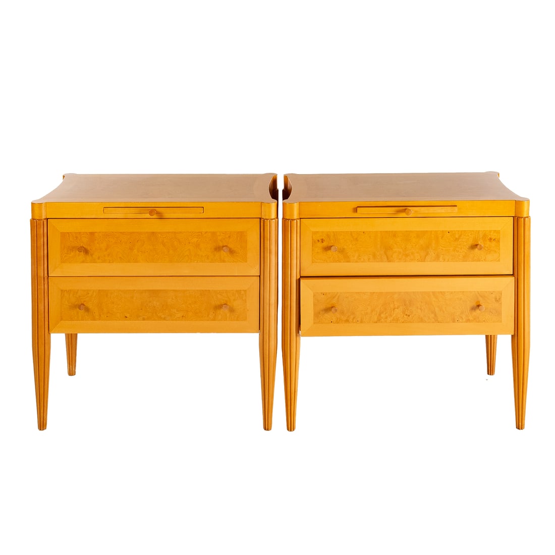 A Pair of Contemporary Burl Maple Nightstands: Shaped and banded tops over projecting brush slides and two matching drawers flanked by stylized reeded legs, 28 in. H, 29 in. W, 16 in. D