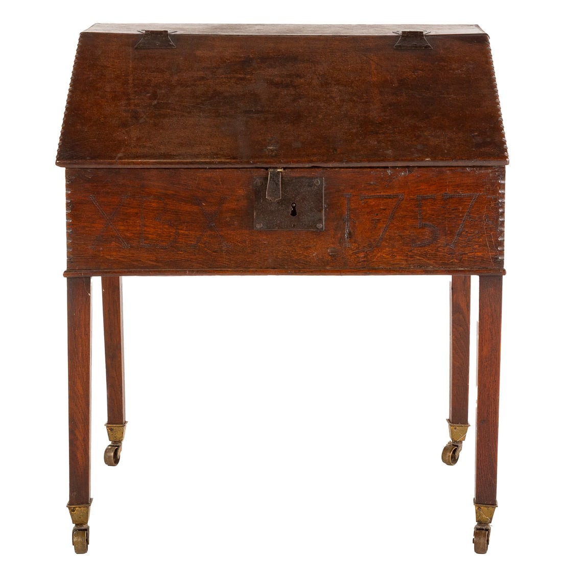 English Walnut Slant Front Traveling Desk: Third quarter, 18th century, adjustable slant front desk on casters, initialed X. B. X. and dated 1757 on front, 29 1/2 in. H, 26 in. W, 18 3/4 in. D