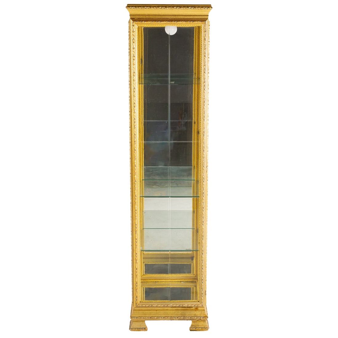 Contemporary Giltwood Lighted Curio Cabinet: Incised glazed one door cabinet with mirrored back and floor, 64 1/4 in. H, 16 in. Sq.