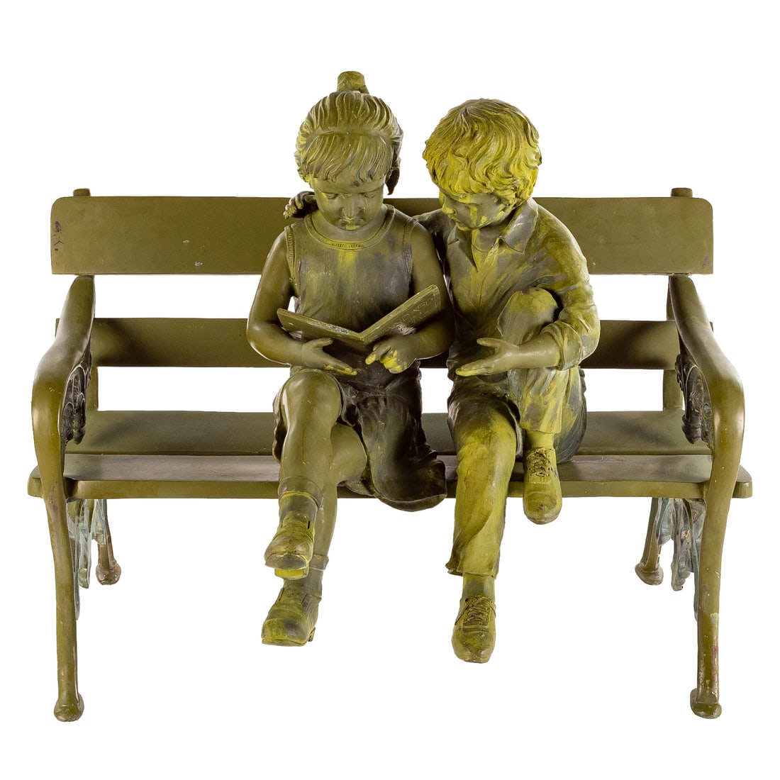 A. Moreau. The Reading Lesson, bronze: Patinated bronze garden sculpture, signed on verso, 38 in. H, 45 1/2 in. W, 28 in. D