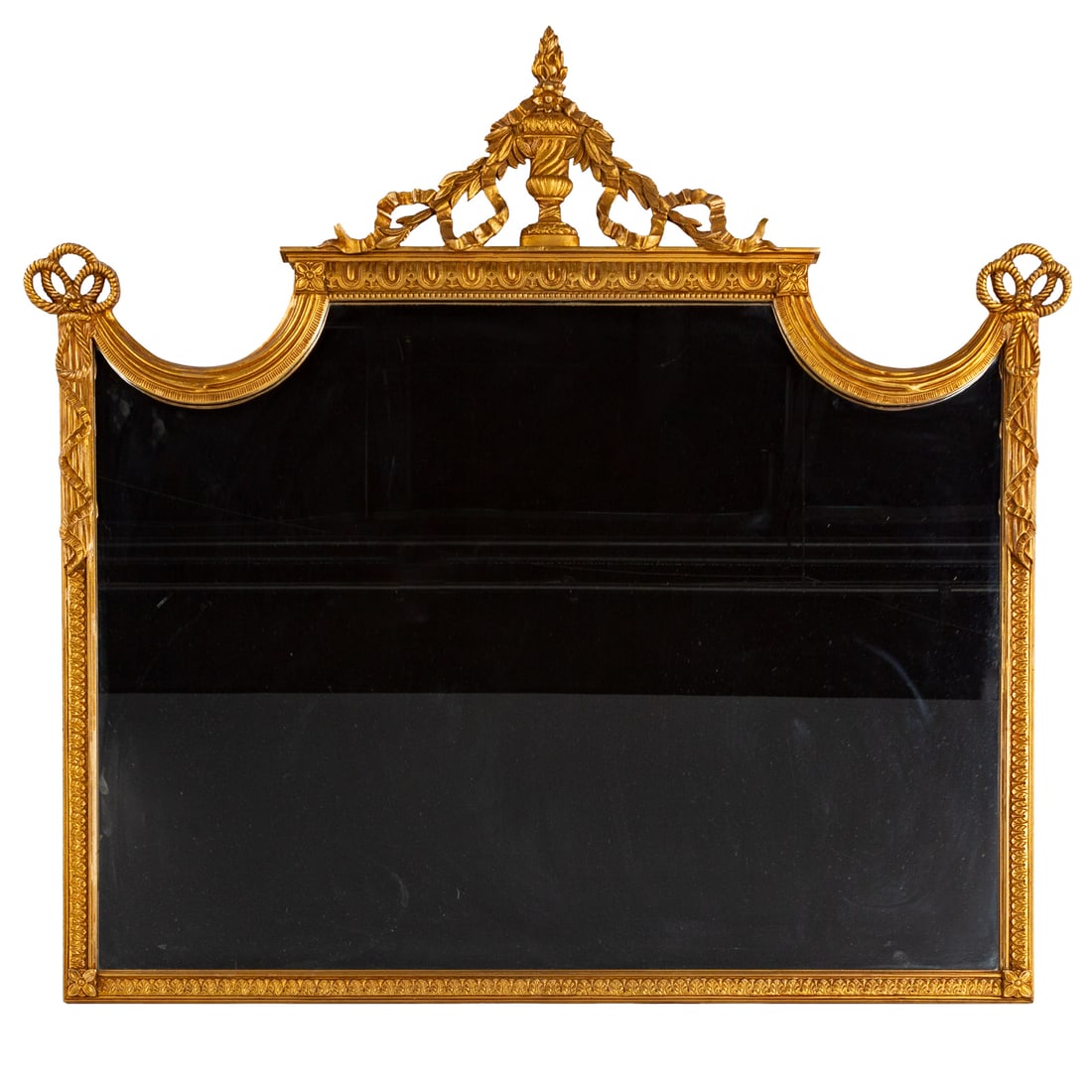 Louis XVI Style Giltwood Carved Overmantel Mirror: With flame, urn and ribbon finial extending into carved drapery swag frame, 51 1/2 x 54 1/2 in.