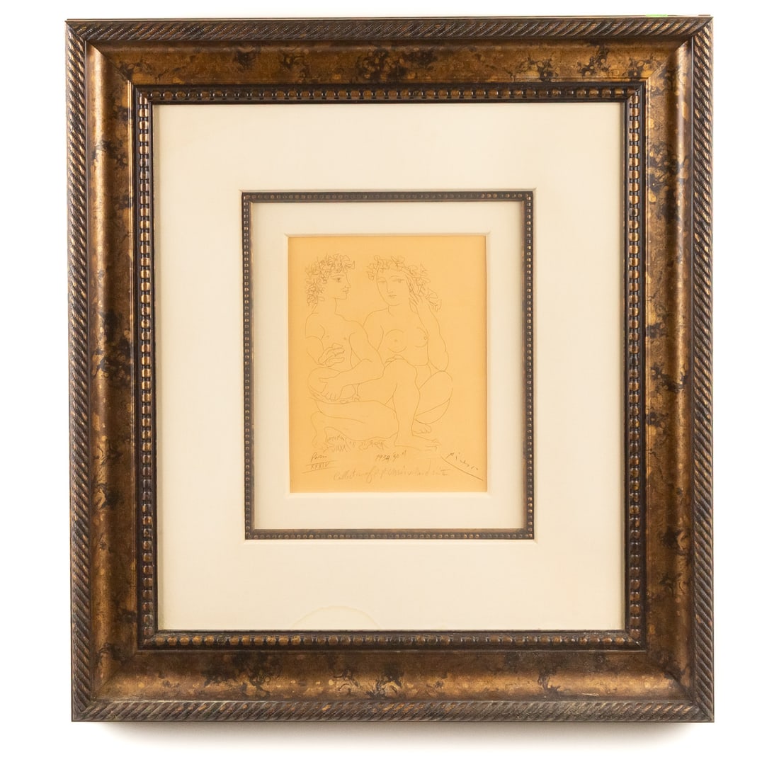 After Pablo Picasso. "Young Bacchus with Tambourine," lithograph: (Spanish, 1881-1973) Lithograph after the original 1934 etching from the Vollard Suite, signed in the plate lr, additionally embossed "Picasso" lr, additional written details lc, blindstamp "Print
