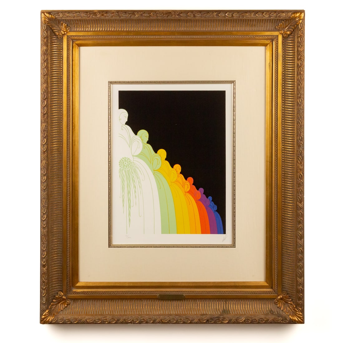 Erte. "Les Jolies Dames," serigraph: Romain de Tirtoff (Russian/French, 1892-1990) Serigraph in colors, 1977, ed. 31/300, signed lr, image size: 18 x 13 1/4 in., framed size: 52 1/2 x 39 1/4 in. Provenance: Acquired Nathan Daniel Isen