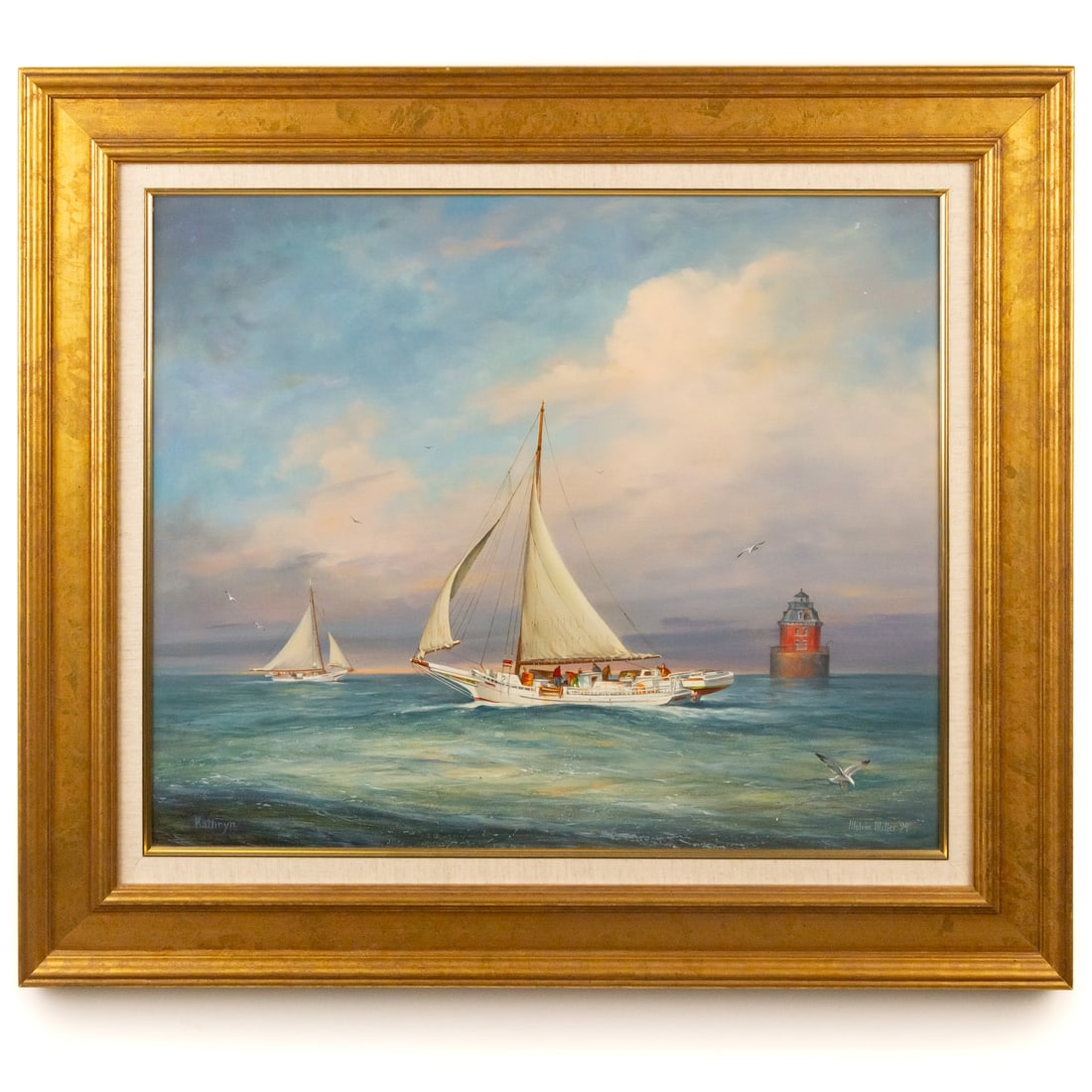 Melvin Miller. "Skipjack Kathryn at Sandy Point Lighthouse," oil: "Skipjack Kathryn at Sandy Point Lighthouse" (American, 1937-2007) Oil on masonite, 1994, signed and dated "Melvin Miller" lr, titled and numbered 1768 on verso, indicated use of 16th century medium