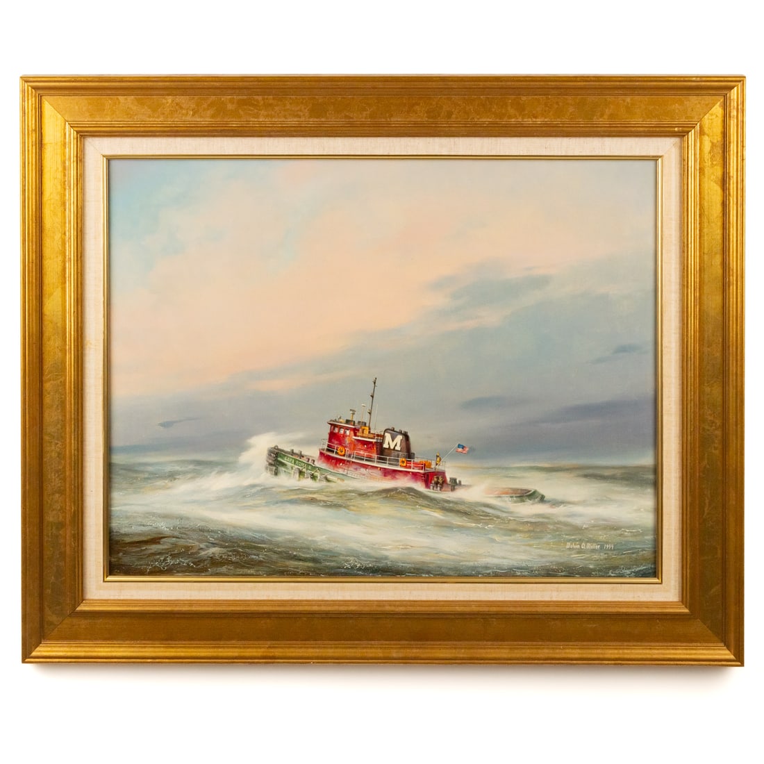 Melvin Miller. "Tugboat-Cape Romain," oil: (American, 1937-2007) Oil on masonite, 1994, signed and dated "Melvin O. Miller" lr, numbered 1792 and titled on verso, sight size: 20 x 26 in., framed size: 27 1/2 x 34 1/4 in. Provenance: Acquired