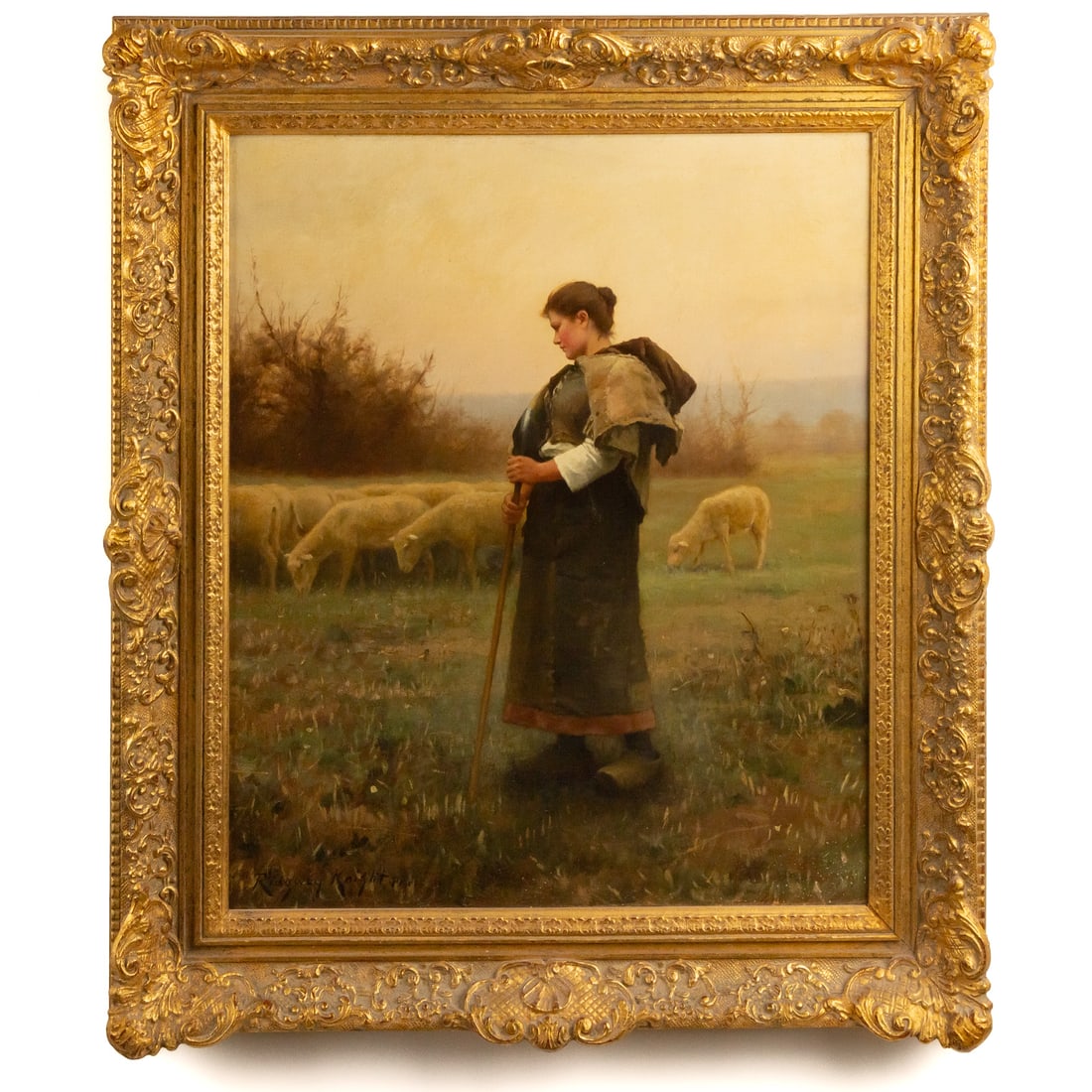 Daniel Ridgway Knight. The Shepherdess, oil: (American 1839-1924) Oil on canvas, signed "Ridgway Knight, Paris" ll, sight size: 22 x 18 1/2 in., framed size: 27 3/4 x 24 1/4 in. Provenance: From a private Maryland collection