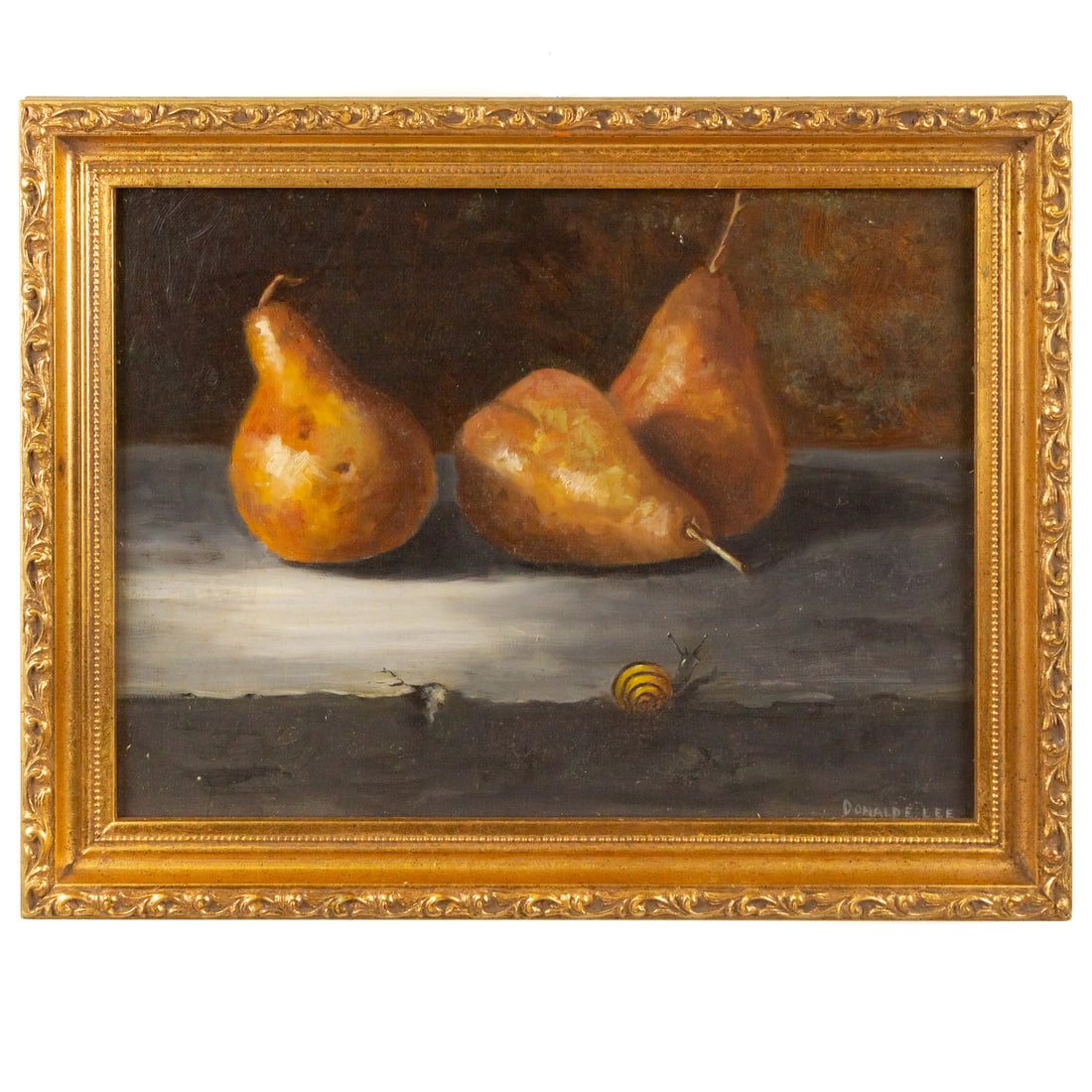 Donald E. Lee. Snail and Pears, oil: (American, 1950-2003) Oil on panel, signed "Donald E. Lee" lr, sight size: 8 1/2 x 11 1/2 in., framed size: 11 x 13 3/4 in. Provenance: From a private collection