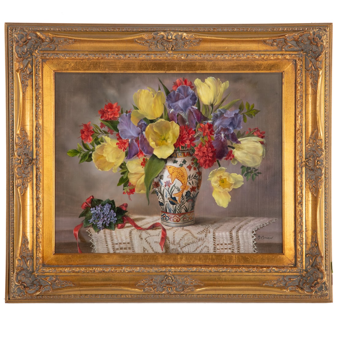 Nancy Conrad. Flowers in a Fish Vase, oil: (American, 20th century) Oil on panel, signed "N. Conrad" lr, sight size: 15 1/4 x 19 1/4 in., framed size: 23 1/2 x 27 1/2 in. Provenance: Acquired from the artist, from longtime collectors of