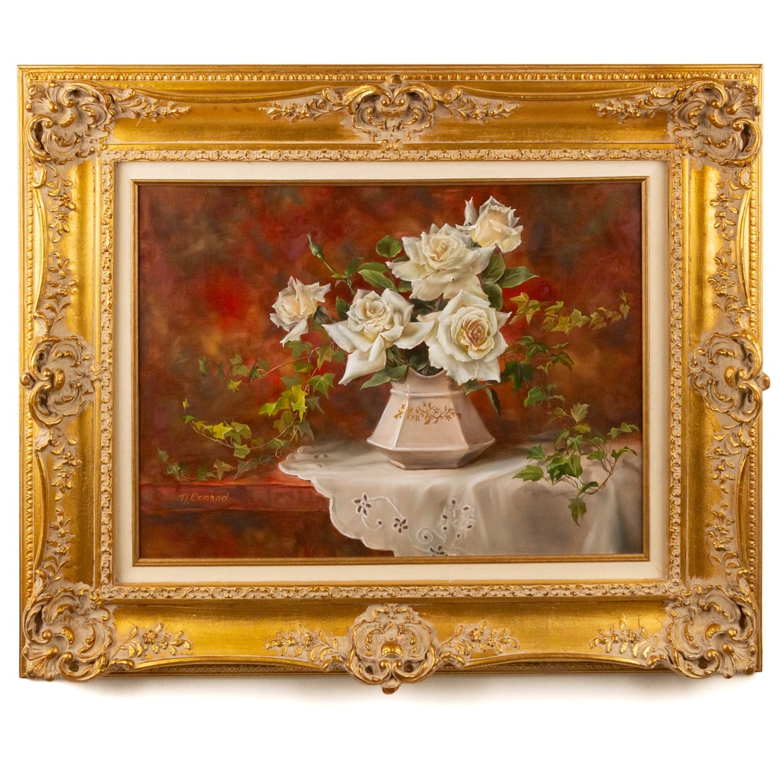 Nancy Conrad. White Roses and Lace, oil: (American, 20th century) Oil on panel, signed "N. Conrad" lc, sight size: 17 1/4 x 23 1/4 in., framed size: 28 x 34 in. Provenance: Acquired from the artist, from longtime collectors of Baltimore