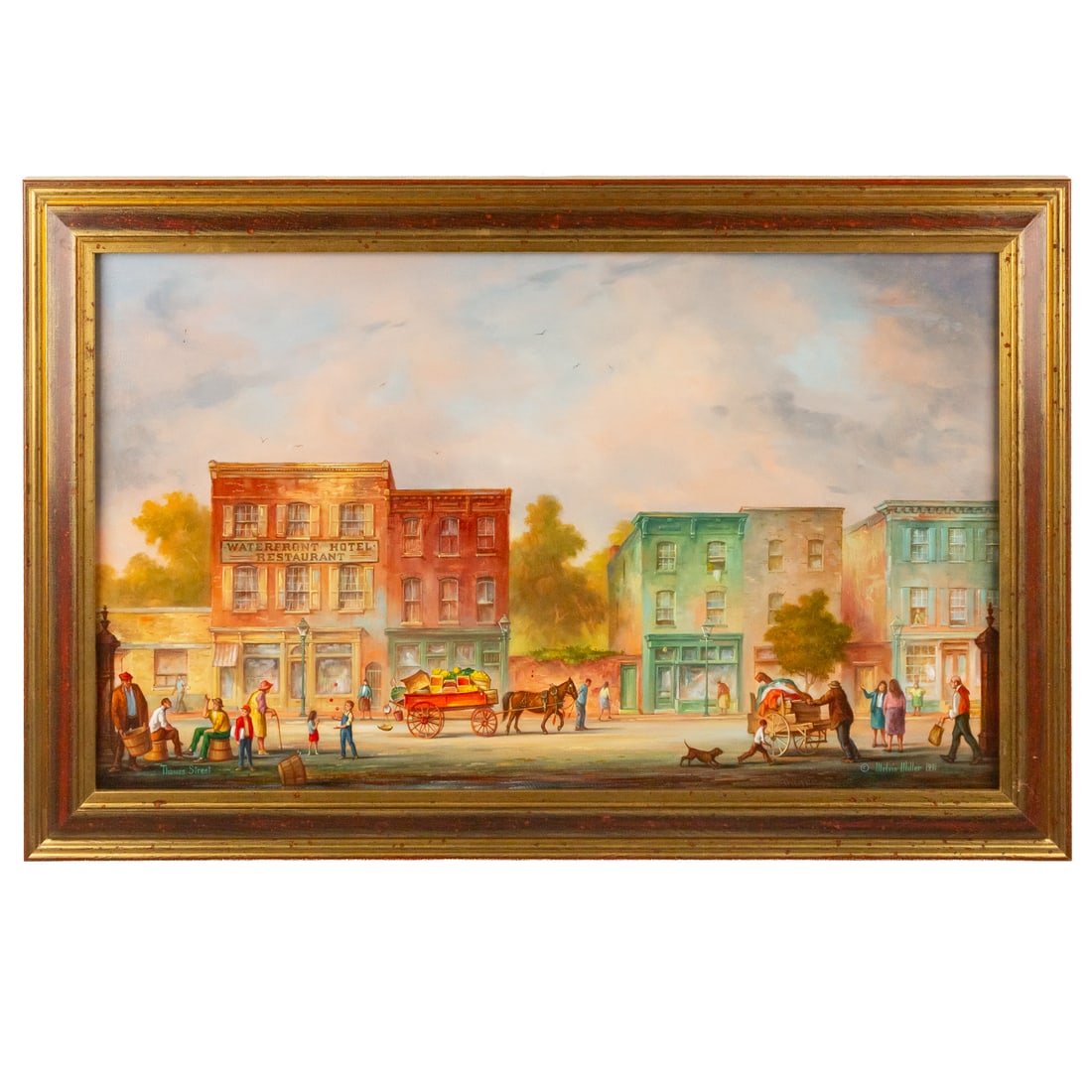 Melvin Miller. "Thames Street," oil: (American, 1937-2007) Oil on canvas, 1991, titled ll, dated, copyrighted and signed "Melvin Miller" lr, numbered 1688 and titled on verso, sight size: 18 x 30 in., framed size: 22 1/2 x 34 1/2 in.