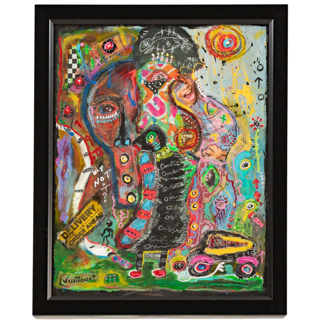 Louis Vuittonet. Untitled Abstract, mixed media: (American, b. 1943) Mixed media with paint and collage on canvas, 2022, signed "L. Vuittonet" ll, signed and dated "Louis Vuittonet, Freehold, NJ" on verso, sight size: 19 1/4 x 15 1/4 in., framed siz