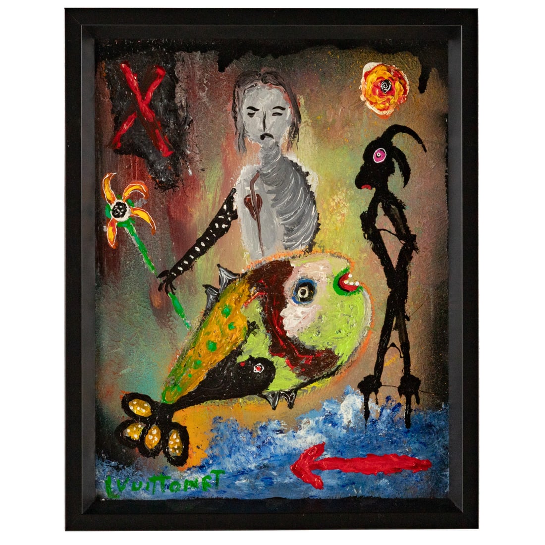 Louis Vuittonet. Big Green Fish, oil: (American, b. 1943) Oil on canvas, signed "L. Vuittonet" ll, sight size: 13 3/4 x 10 1/2 in., framed size: 15 1/2 x 12 1/4 in. Provenance: Acquired Material Culture Auction, December 2022, label on ve