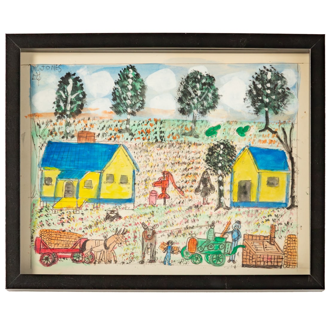 M.C. Jones. Farm Scene, watercolor: (American, 1917-2003) Watercolor and graphite on paper, signed "MC Jones" with symbol ul, sight size: 10 1/4 x 13 1/4 in., framed size: 12 x 15 in. Provenance: From a private collection of Folk Art, B