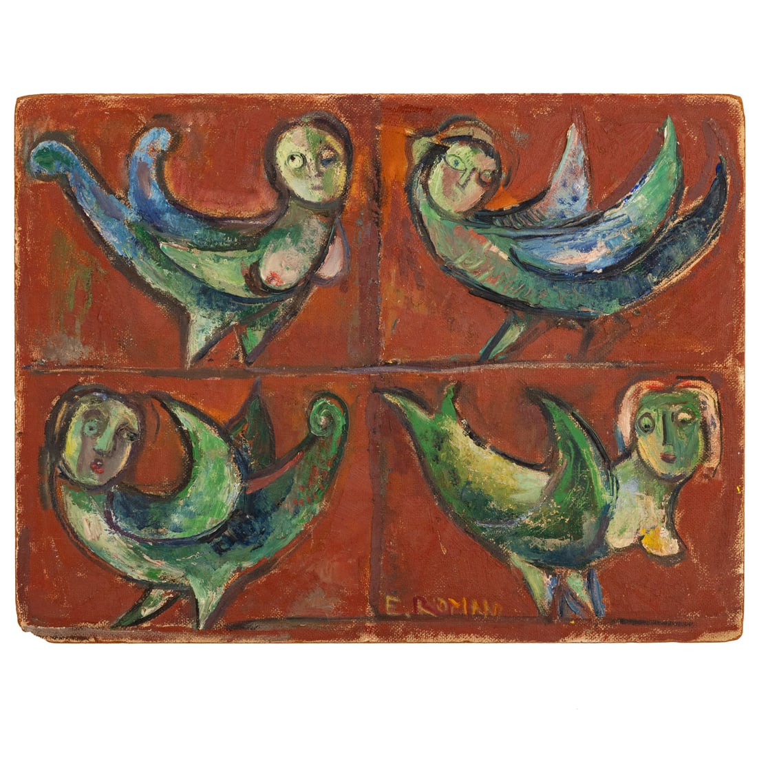 Emanuel Glicen Romano. "4 Harpies," oil: (Italian/American, 1897-1984) Oil on masonite, 1951, signed "E. Romano" lc, signed on verso, additional identifying on gallery label on verso, 18 x 24 in., unframed Provenance: Acquired Amero Auctions