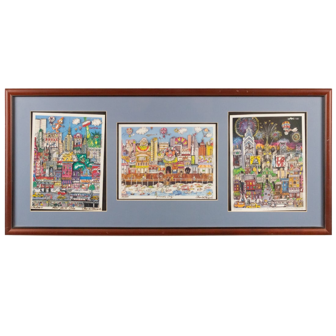 Charles Fazzino. Three Works, screenprints: (American, b. 1955) Three screenprints in colors with 3D constructions grouped together in one frame, comprising the works "NYC," "Atlantic City," and "Philly by Night," total framed size: 13 1/4 x 29