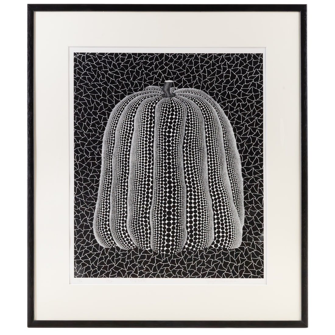 Yayoi Kusama. "Pumpkin (White T)," screenprint: (Japanese, b. 1929) Screenprint in colors, two screens, two colors, two runs, 1992, (ED 149) ed. 11/120, pencil signed "Yayoi Kusama" lr, titled lc, image size: 28 1/4 x 23 1/2 in., framed size: 41 x 