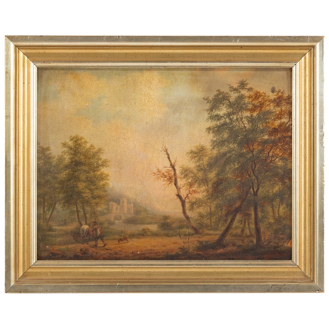 British or Dutch School. Landscape with Traveler, oil: (19th century) Oil on panel, signed illegibly and dated 1847 lr, sight size: 12 3/4 x 16 1/2, framed size: 16 1/2 x 20 1/4 in. Provenance: From a private Maryland collection