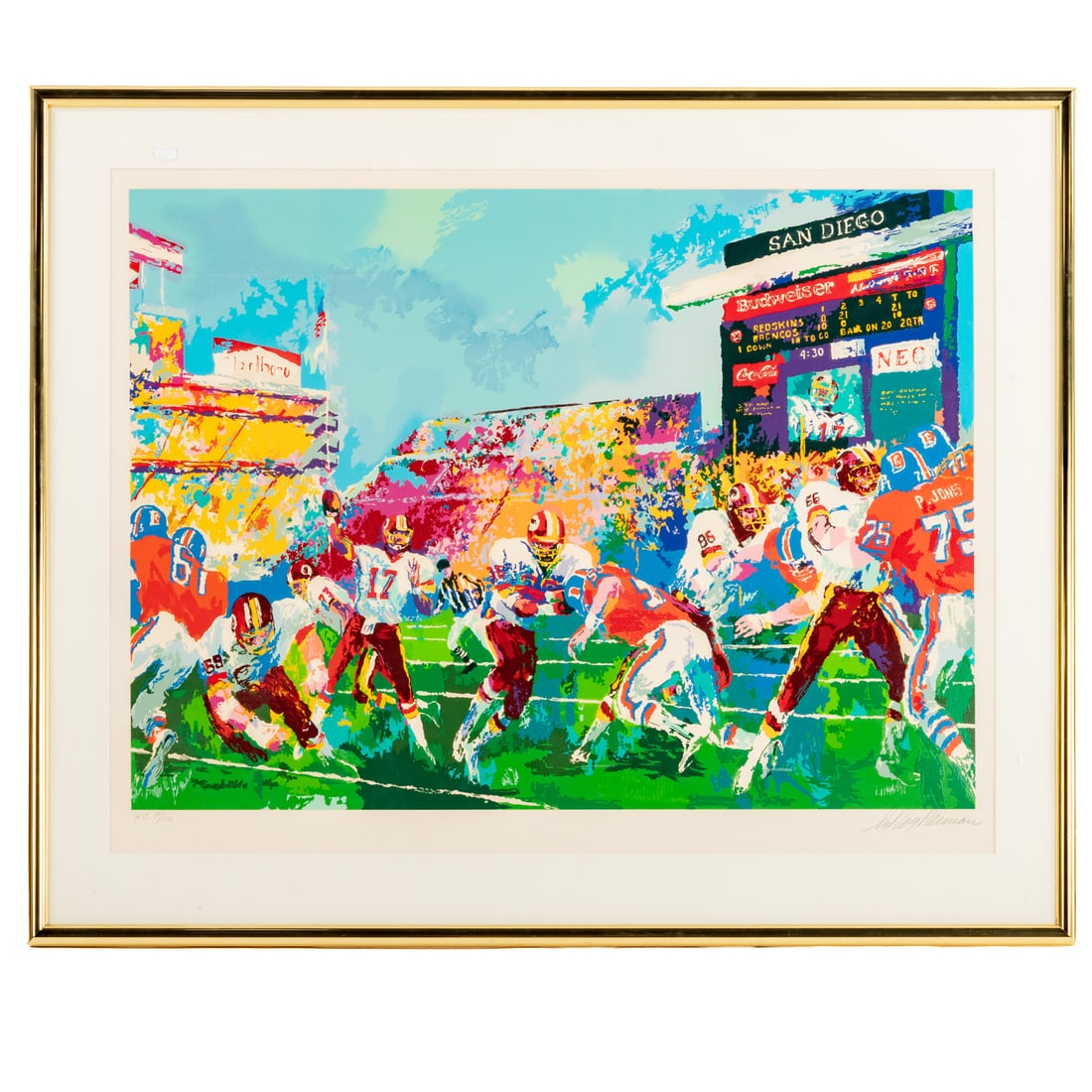 LeRoy Neiman. Redskins/Broncos Game, screenprint: (American, 1921-2012) Screenprint in colors, ed. 31/175, signed "LeRoy Neiman" lr, sight size: 30 1/2 x 39 3/4 in., framed size: 38 3/4 x 471/2 in. Provenance: From a private Maryland collection