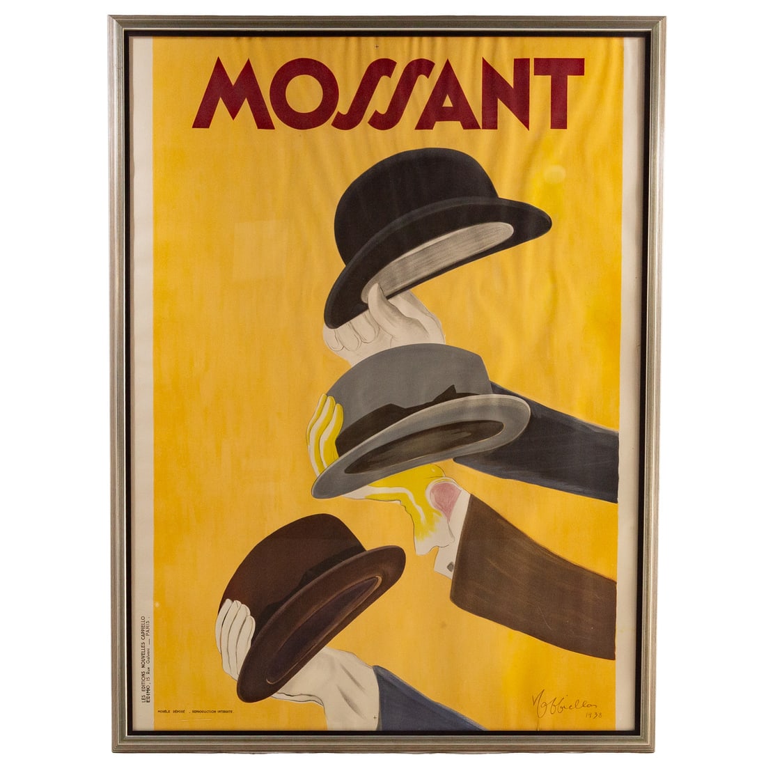 Leonetto Cappiello. "Mossant," French poster: (Italian, 1875-1942) Vintage lithographic advertising poster, signed and dated "L. Cappiello, 1938" lr, sight size: 62 x 46 in., framed size: 66 x 50 in. Provenance: From a private Maryland collection