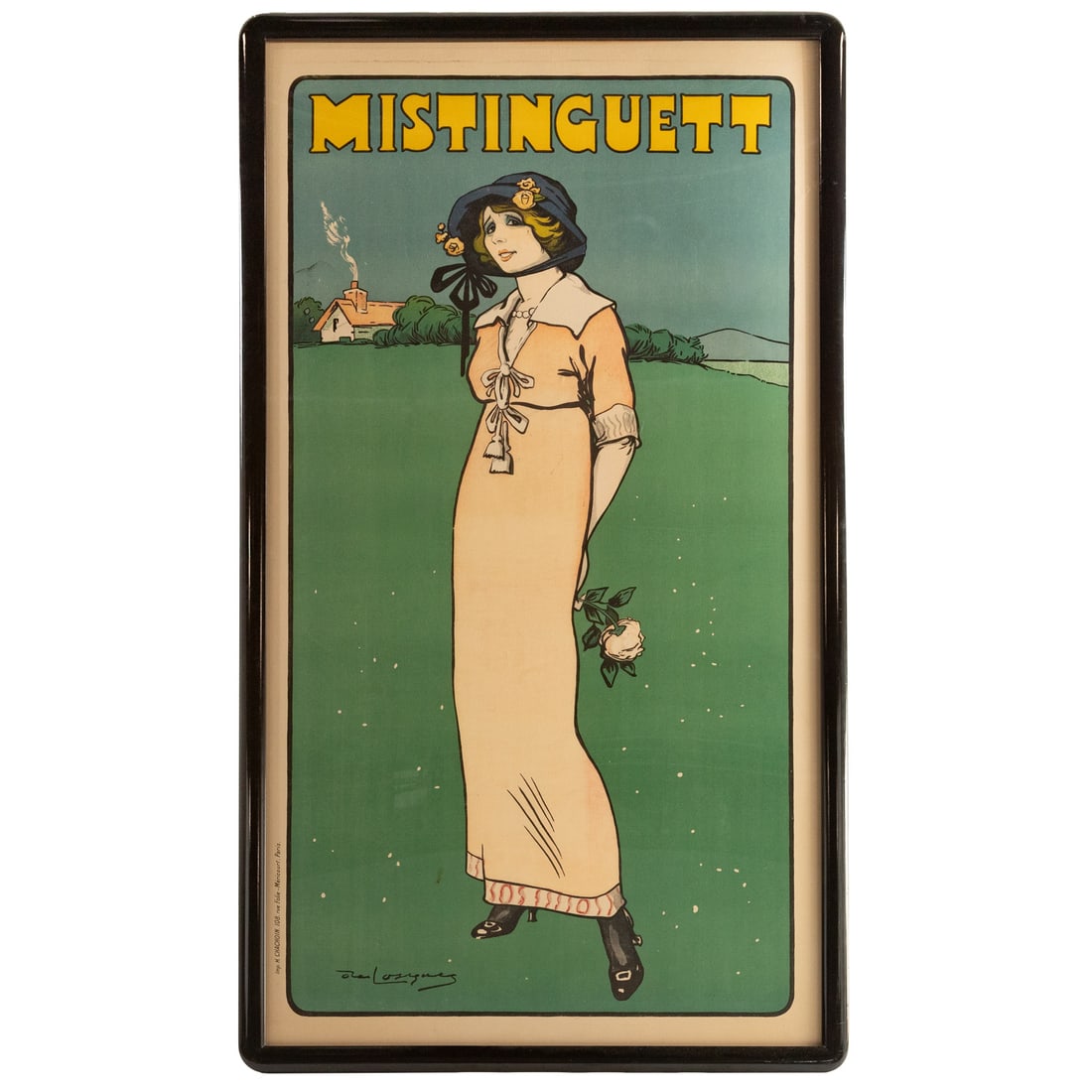 Daniel de Losques. "Mistinguett," lithograph: (French, 1880-1915) Vintage lithographic advertising poster, signed in stone "De Losques" ll, sight size: 75 3/4 x 41 in., framed size: 80 x 45 in. Provenance: From a private Maryland collection